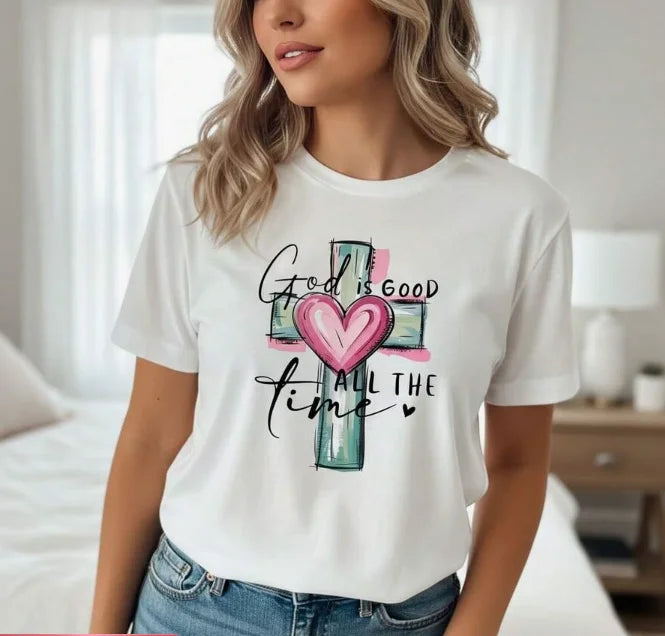 Women's Cotton Christian Graphic T-Shirt God Is Good All Time Cross Short Sleeve Tee Casual Loose Fit Top Faith Inspired Appar